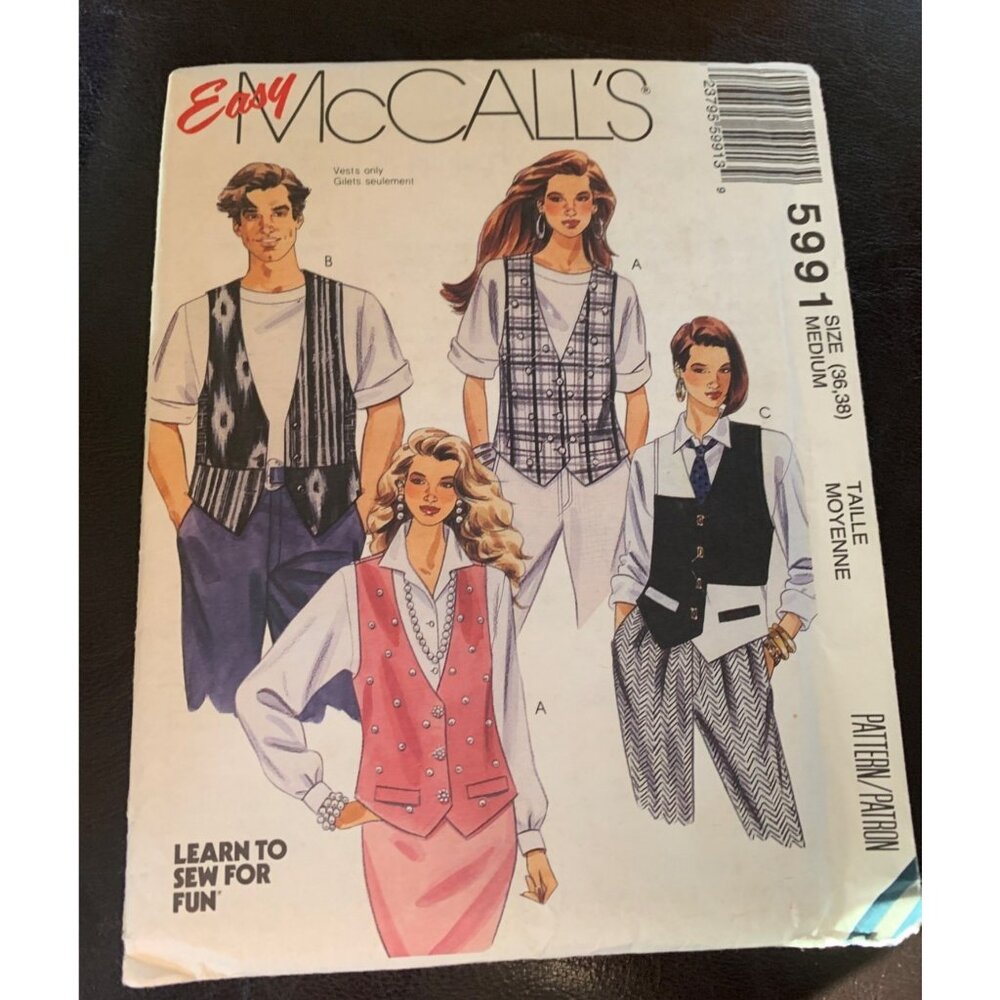 McCall's Misses Mens Boys Vest Sewing Pattern Size Medium 36 38 5991 - Uncut 199